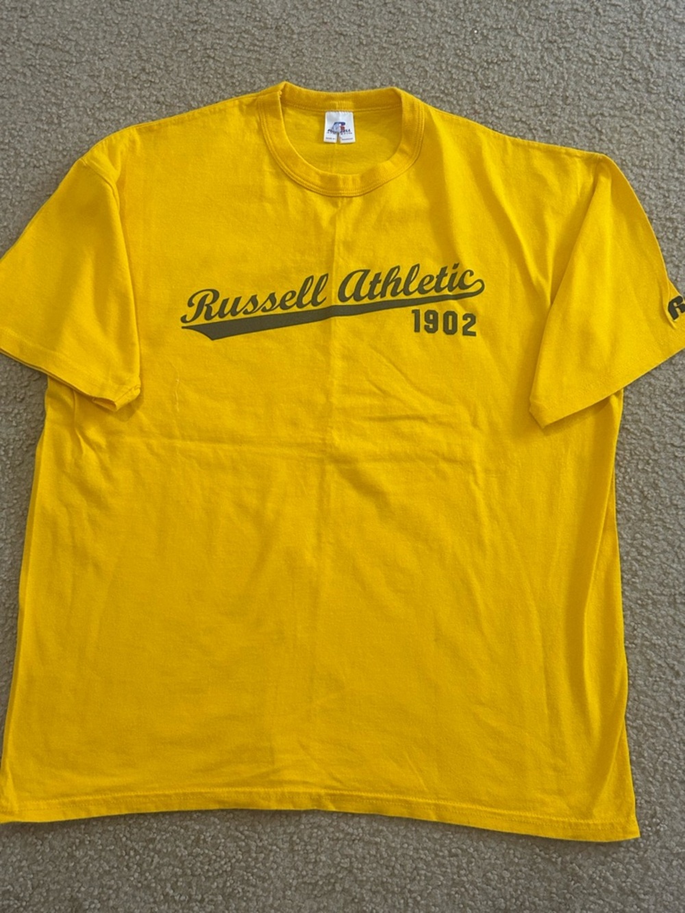 Vintage Yellow Russell Athletic Script Logo Shirt Mens Crewneck Short Sleeve Tee - Picture 1 of 9